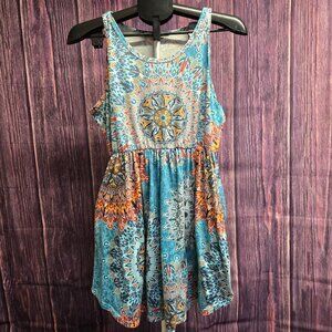 Boho Mandala Print Sleeveless Dress with pockets Size Large Teal Orange